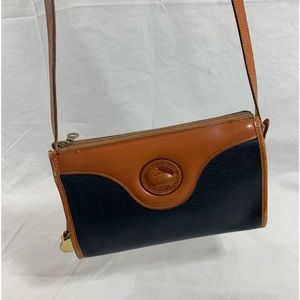 DOONEY & BOURKE dark blue tan leather classic zip top shoulder bag crossbody 90s